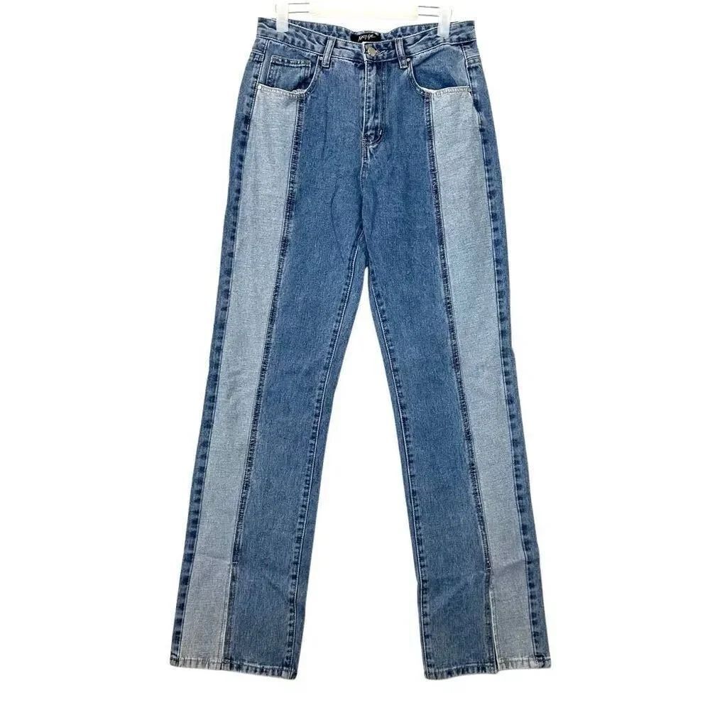 Nasty Gal Colorblock Two-Tone Split Hem High Rise Blue Denim Jeans Size 40